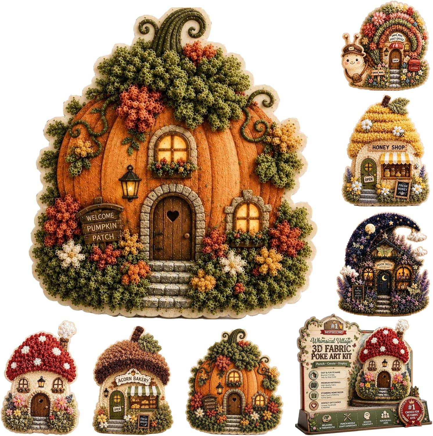 Is Sewing Textile Art - DIY 3D Stoff-Poke-Art-Set: Fantasievolles Kürbis-Häuschen, kein