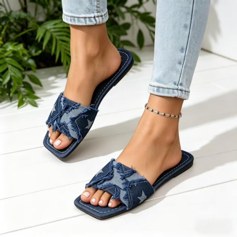 Sewing Custom - Y2K Denim-Riemchen-Sandalen mit flachem Absatz für